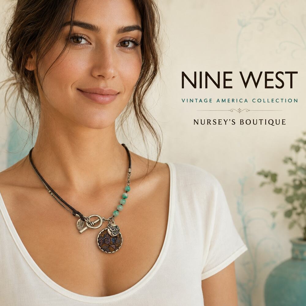 Nine West Vintage America Butterfly Pendant Necklace Green Beads Boho Toggle